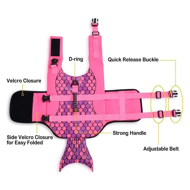 Queenmore Dog Life Jacket Ripstop Shark Dog Safety Vest Adjustable Preserver with High Buoyancy and Durable Rescue Handle for Small,Medium,Large Dogs, Pink Fish Large - Image 4